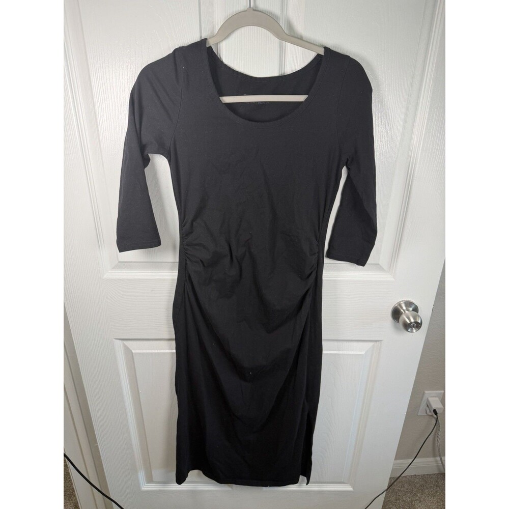Pact Black Round Neck Midi A-Line Dress Women's Medium 3/4 Sleeve Casual Minimal